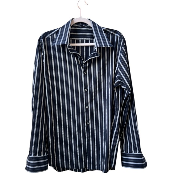 Theory Men’s Klaus Black Gray Stripes Cotton Button‎ Down Shirt Large - Picture 1 of 5